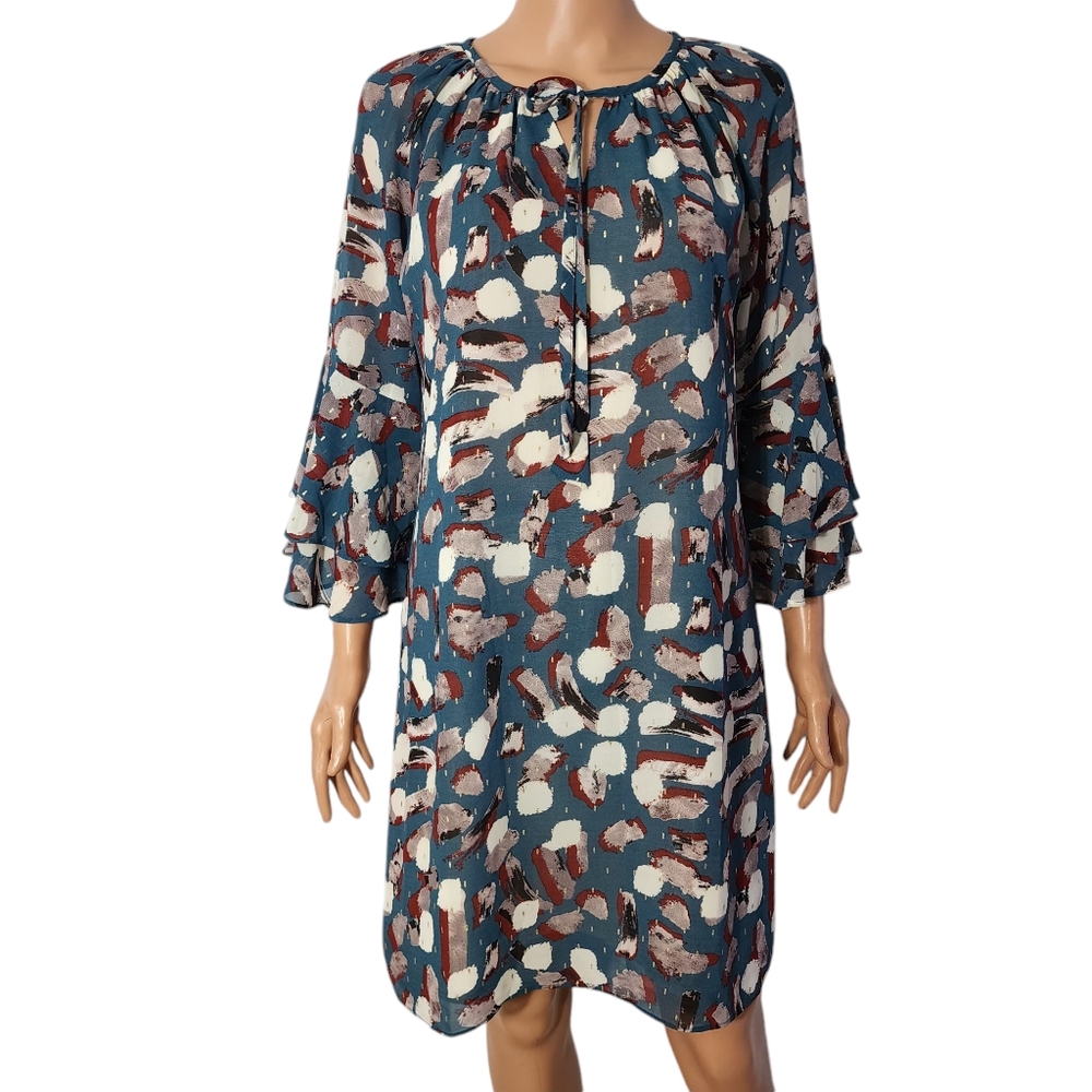 Jade Melody Tam Bell Sleeve Shift Dress Blue/ White Marron Tunic Size S Small